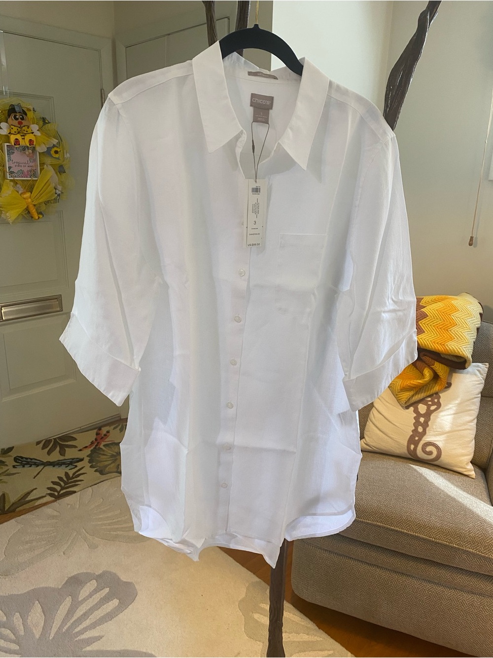Chico's No Iron Classic White Linen Short-Sleeve Button Down Shirt 3/4 sleeves